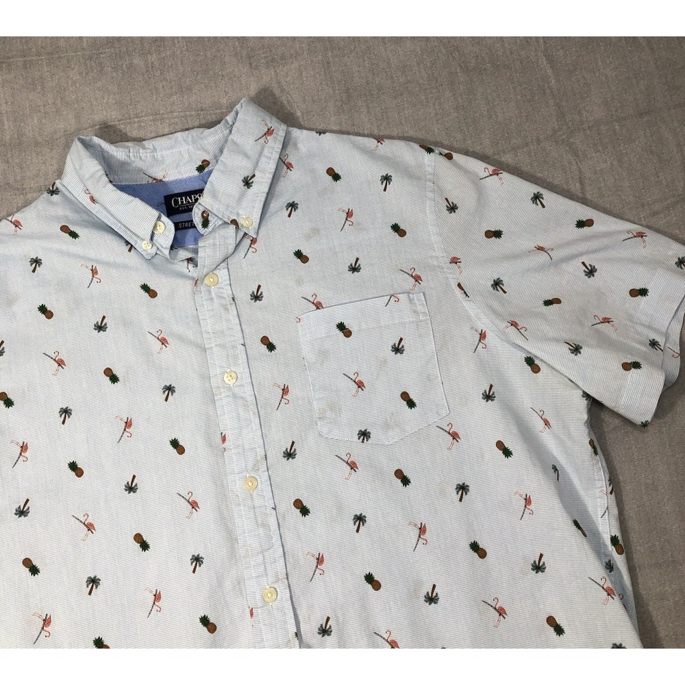 Chaps Shirt Men's XXL Blue Striped Flamingo‎ Palm Tree Pineapple S/S Button Down